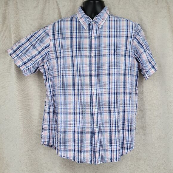 Ralph Lauren Y2K Blue Pink Plaid Cotton Seersucker Fabric Button Down Shirt - Picture 1 of 11